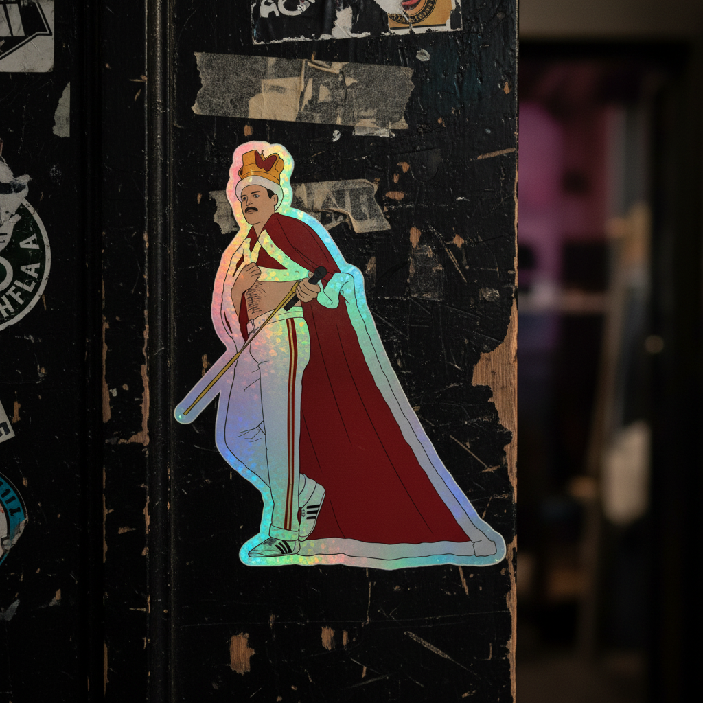 Holographic sticker of Freddie Mercury in royal glam—crown, red cape, white pants, scepter—pops on a gritty sticker wall.