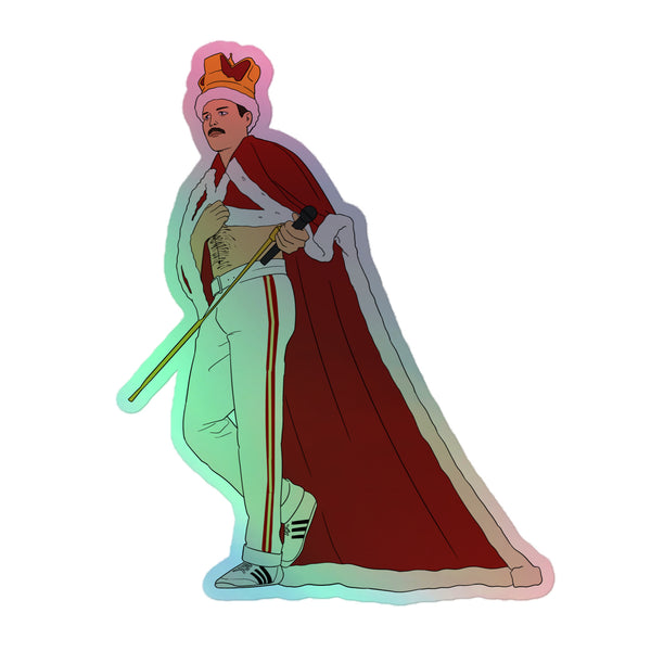 Queen Freddy Mercury Holographic Stickers feature a stylized male figure in a regal red-and-white cape and crown, capturing vibrant queer empowerment with an electrifying rainbow shimmer and durable, hot-embossed design for expressive, bubble-free application.