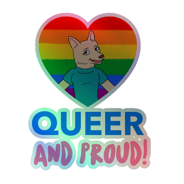 Queer And Proud Holographic Stickers feature a rainbow heart with a cartoon dog in a teal shirt, capturing vibrant queer pride and empowerment, perfect for adorning personal items with inclusive, joyful expression.