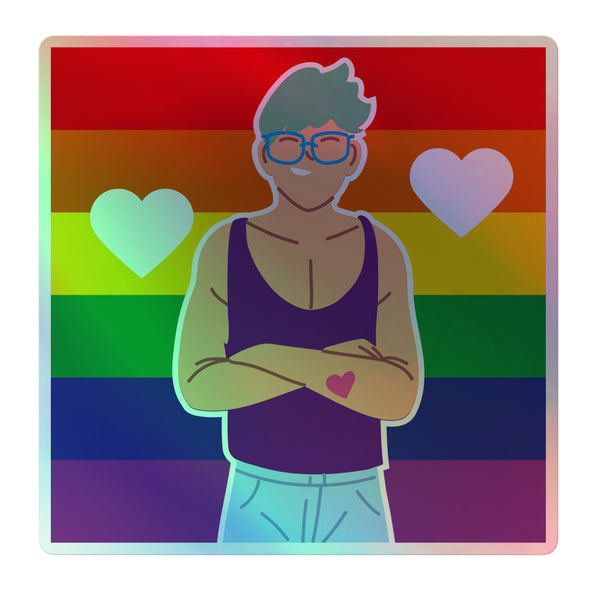 Queer Love Holographic Stickers feature a cartoon person with crossed arms before a rainbow backdrop, embodying pride and self-love. Crafted from vibrant, durable vinyl, they celebrate queer identity with electrifying shimmer.