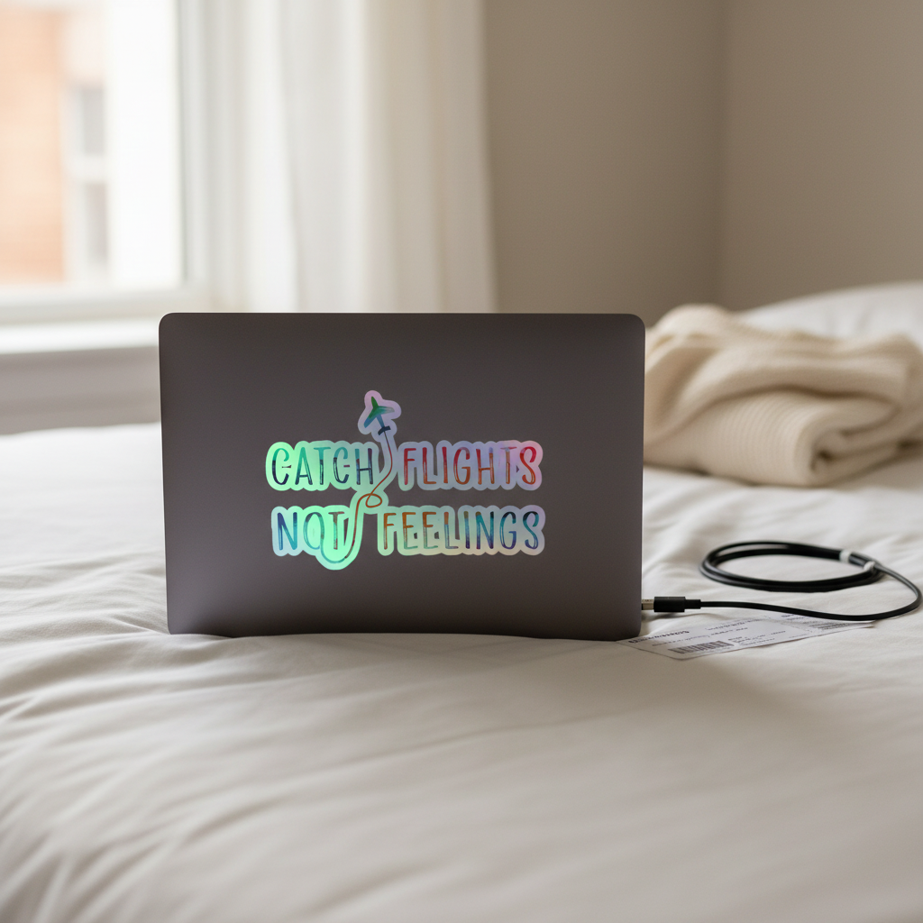 Laptop with “Catch Flights Not Feelings” holographic sticker sits on a tidy bed; black charger, cream knit blanket, sunlight glows in.