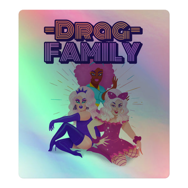 Drag Family Holographic Stickers feature vibrant drag queens posing joyfully, embodying queer pride and self-expression. Crafted from durable holographic vinyl, they celebrate diversity with bold, eye-catching designs and easy, bubble-free application.