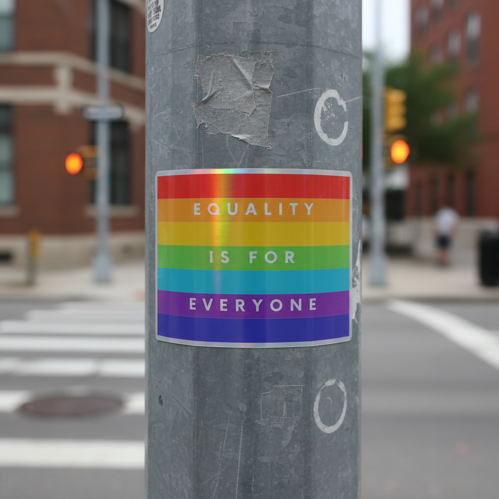 Holographic sticker in rainbow stripes on a gray pole reads “EQUALITY IS FOR EVERYONE,” beaming queer pride and visibility.