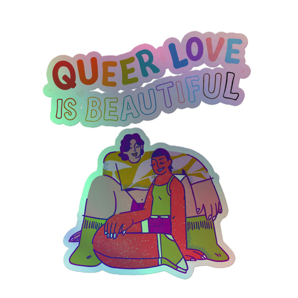 Queer Love Is Beautiful Holographic Stickers feature vibrant, rainbow letters and a stylized couple, celebrating queer love with a shimmering, durable vinyl perfect for expressing identity and pride indoors.