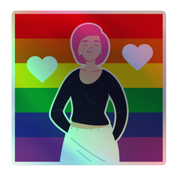 Queer Love Is Love Is Love Holographic Stickers featuring a smiling person in front of a rainbow backdrop, embodying LGBTQ+ pride and love. These vibrant, durable vinyl stickers radiate self-expression and inclusivity.