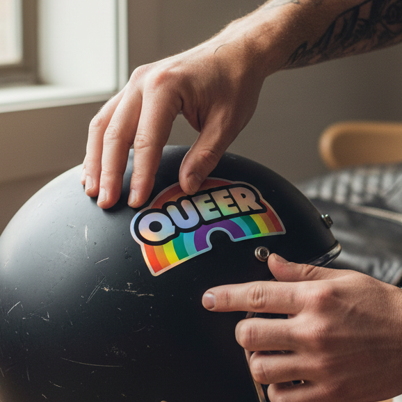 Queer rainbow holographic sticker pops on a black helmet, its bold shimmer catching soft indoor sunlight through a window.