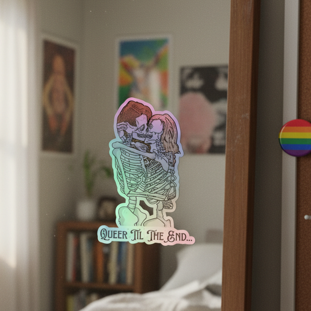 Holographic sticker shows two skeletons kissing, "QUEER ‘TIL THE END…" text, rainbow shimmer, bold colors—vinyl pride decal.