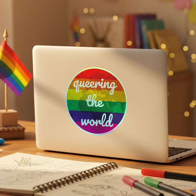 Round "Queering The World" holographic vinyl sticker on a laptop, with pride flag, colored pencils, sketchbooks, and queer cozy décor.