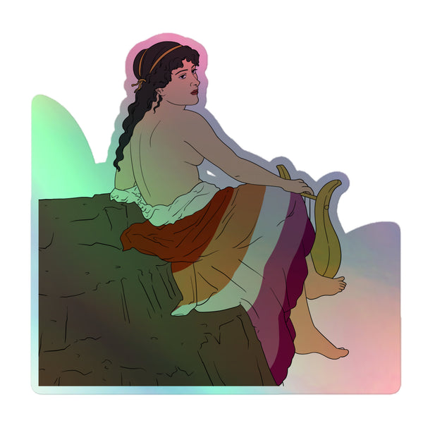 Sappho Of Lesbos Holographic Stickers depict a classical muse with a lyre, draped in vibrant, rainbow-hued garments, embodying queer pride and self-expression through modern, iridescent design.