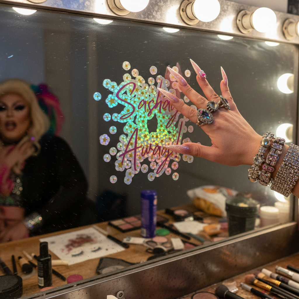 Makeup mirror with “Sashay Away” in glitter, rainbow-shimmer nails touching it. Drag queen’s reflection, queer stickers, makeup nearby.