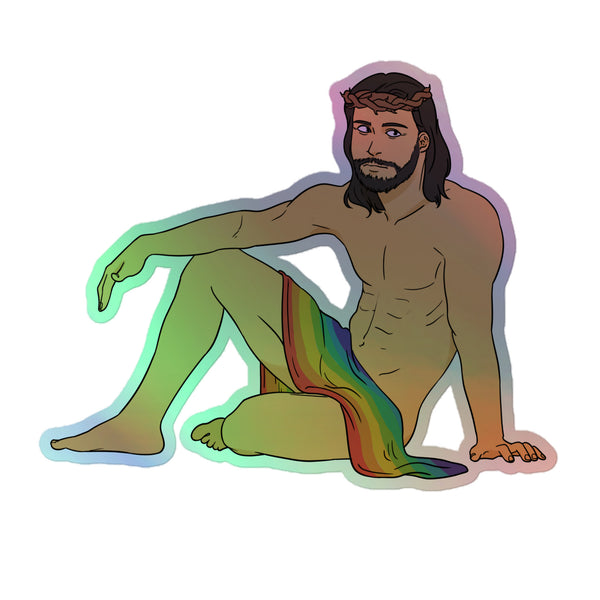 Sexy Gay Jesus Holographic Stickers feature a stylized, Christ-like figure with a crown of thorns and a rainbow cloth, celebrating queer pride with vibrant, electrifying rainbow shimmer and empowering self-expression.