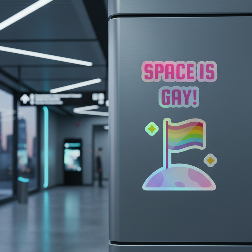 Holographic sticker with “SPACE IS GAY!” above a rainbow pride flag on a sparkly pastel planet in a futuristic hallway.