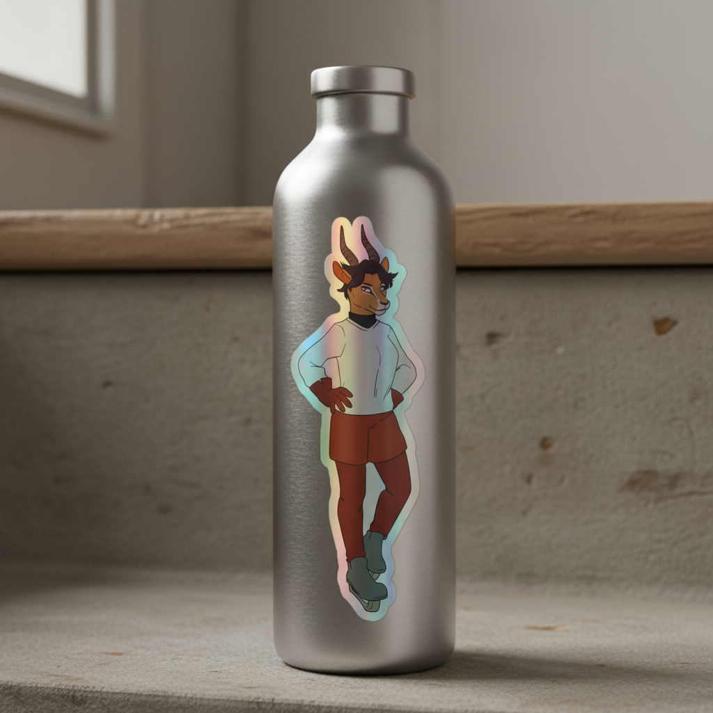 Silver metal water bottle on concrete steps with a holographic "Sporty Dyke" sticker of a dark-skinned, horned cartoon femme.