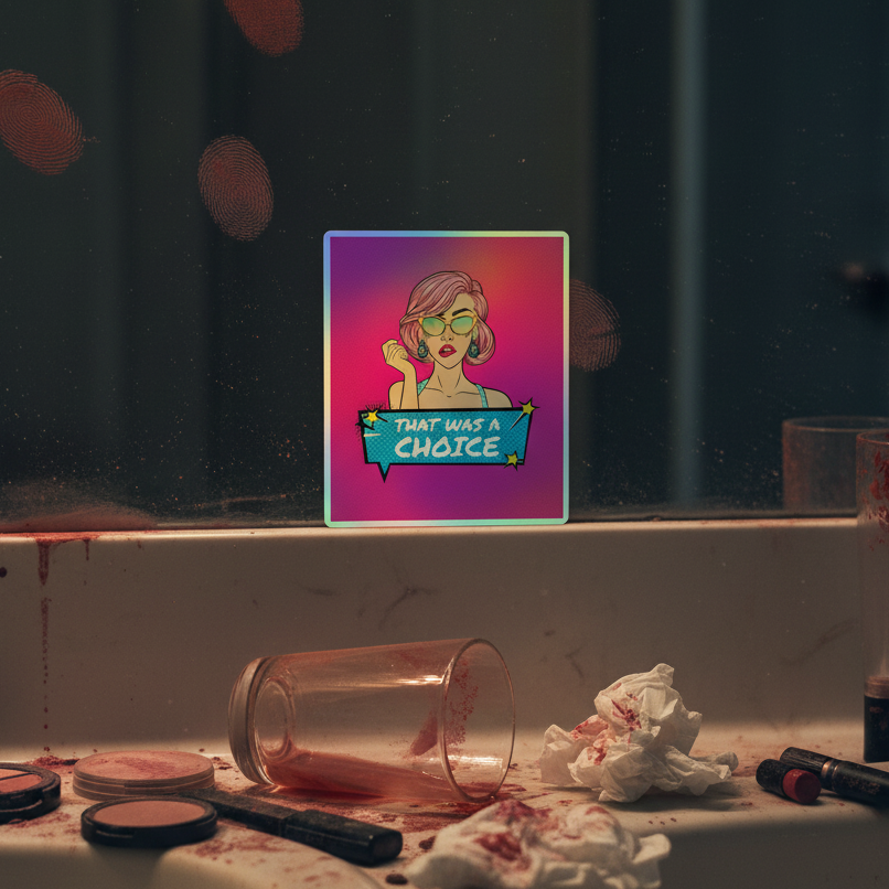 Holographic "THAT WAS A CHOICE" sticker shows a surprised woman on rainbow shimmer, surrounded by red stains, makeup, crumpled tissues.