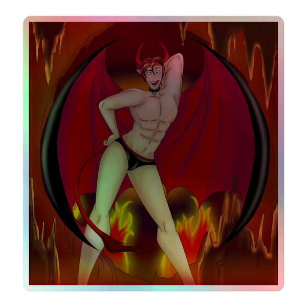 The Demon Of Homosexuality Holographic Stickers feature a playful, muscular demon figure with red horns, tail, and wings, embodying vibrant queer pride. Perfect for expressing bold, sexy self-expression and LGBTQIA+ visibility.