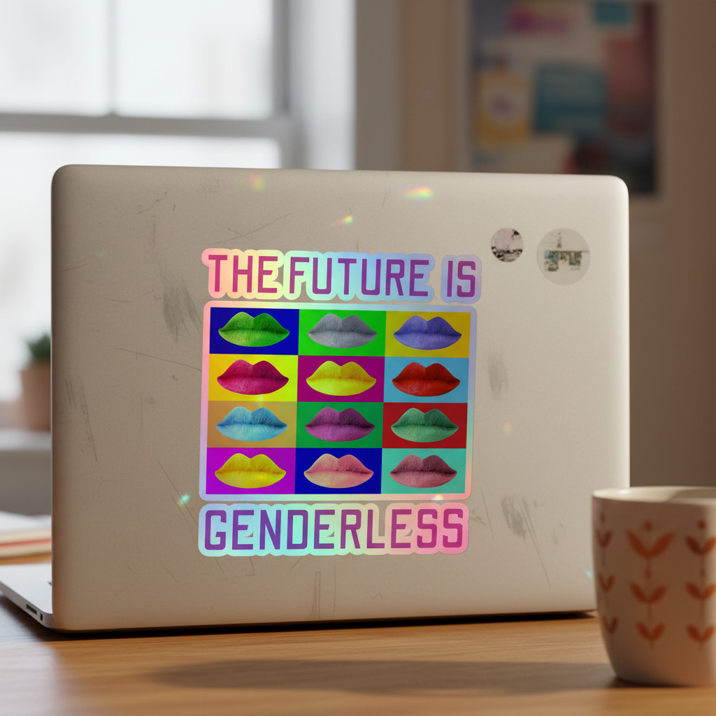 Holographic sticker on laptop reads "The Future Is Genderless" over rainbow blocks with lips; queer decal pops by coffee cup.