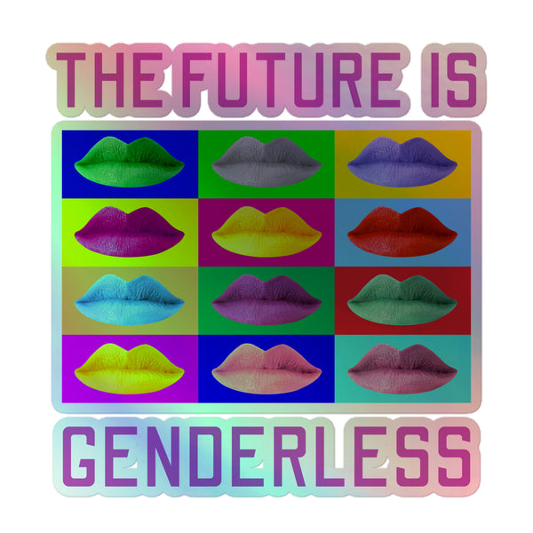 Pop-art graphic with a 4×3 grid of colorful lips, featuring THE FUTURE IS GENDERLESS. Celebrate self-expression with The Future Is Genderless Holographic Stickers, enhancing queer pride with vibrant, durable vinyl designs.