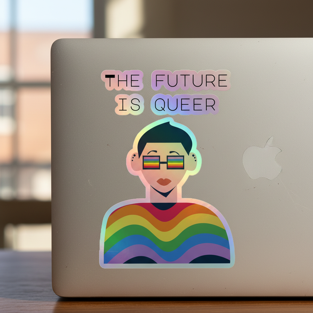 Holographic "THE FUTURE IS QUEER" stickers on an Apple laptop: rainbow glasses, rainbow wave shirt, sunlit pastel background.