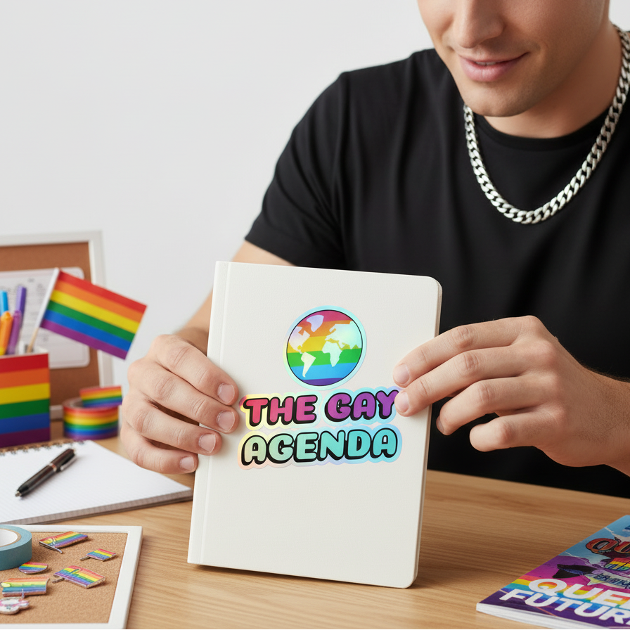 White notebook reading “The Gay Agenda” with a rainbow globe, held by a person with a chain necklace; nearby: rainbow flags, holographic “The Gay Agenda” stickers, markers, and queer desk swag.