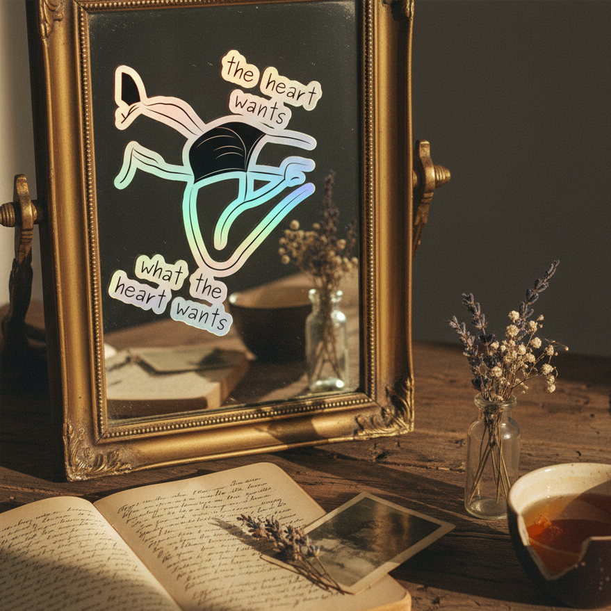 Holographic queer stickers reading “The Heart Wants What The Heart Wants” frame rainbow art on a vintage mirror. Open journal, dried lavender in jars, and tea sit on a rustic desk glowing with warm light.