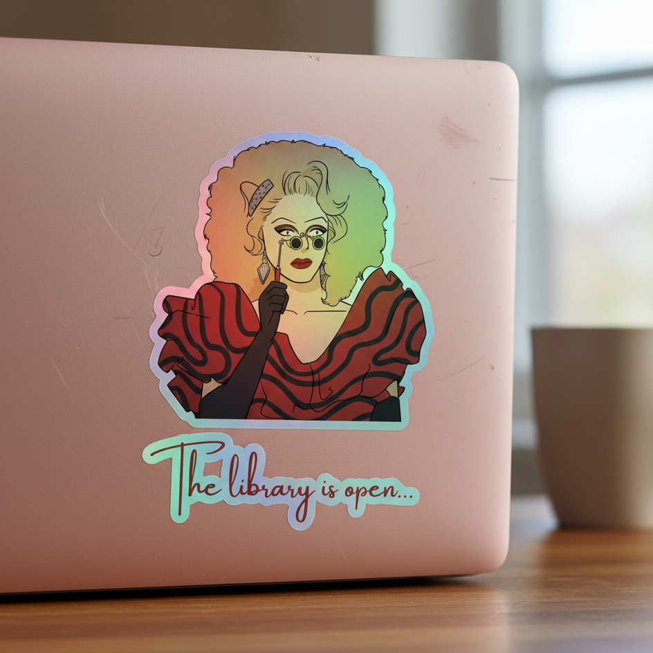 Holographic “The Library Is Open” sticker with RuPaul in red ruffles, fan and glasses on pink laptop; rainbow text: “The library is open...”.