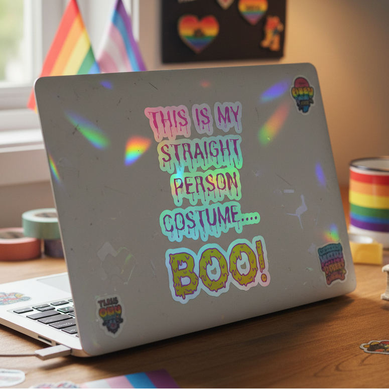 Laptop with a “This Is My Straight Person…Boo! Holographic Sticker” in rainbow drippy text, queer pride flags, washi tape, and vinyl stickers on desk in sunlight.