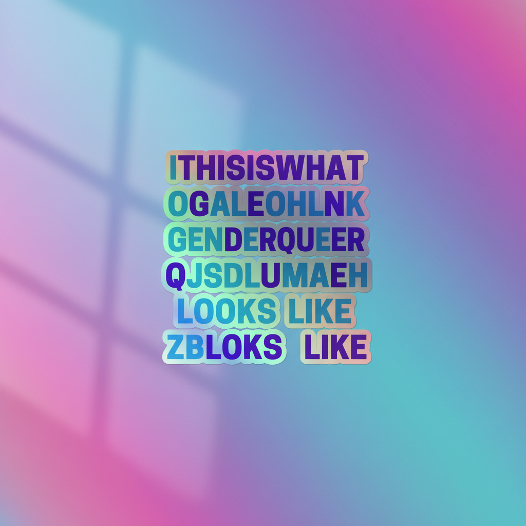 This Is What Genderqueer Looks Like" holographic sticker with bold multi-colored block letters on a pastel pink, blue, purple gradient.