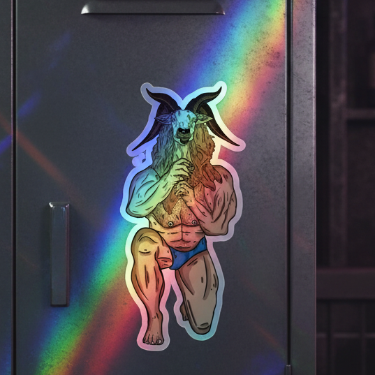 Throat Goat holographic sticker on a metal locker shows a beefy goat in blue briefs, glowing with bold queer rainbow energy.