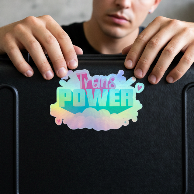 Black case covered in Trans Power holographic stickers with pastel rainbow letters, clouds, and hearts; person’s face partly peeks above.