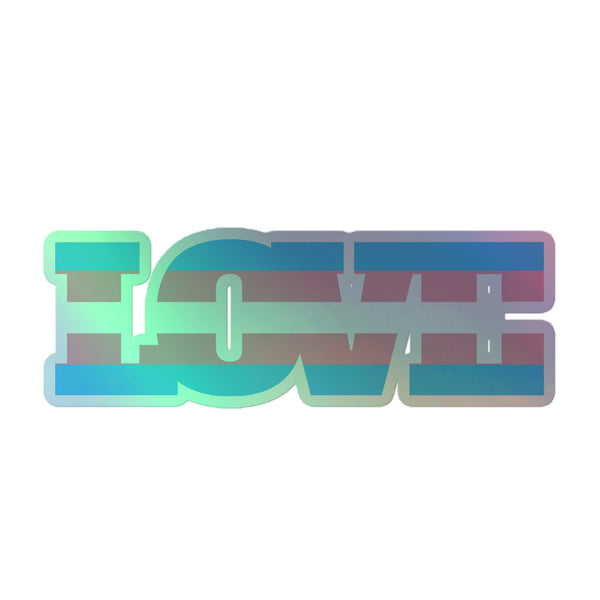 Transgender Love Holographic Stickers featuring bold block letters filled with green, blue, and purple gradients. These vibrant, hot-embossed vinyl decals celebrate queer pride and self-expression with a shimmering 3D effect.