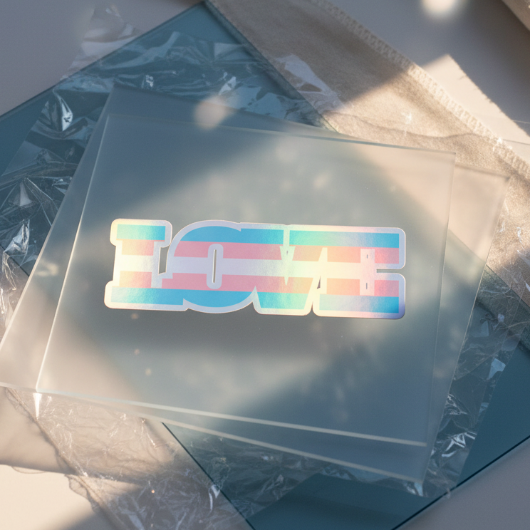 Transgender Love holographic stickers with “LOVE” over frosted glass, pastel blue, pink, and white trans pride flag stripes.
