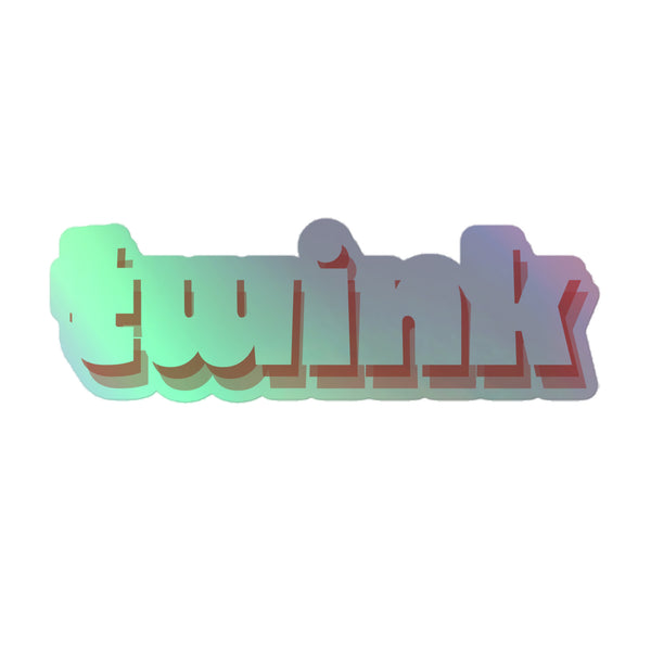 Twink Holographic Stickers feature abstract, block-style letterforms with rainbow shimmer and 3D embossing, celebrating queer identity and expression. These durable vinyl stickers are perfect for adding prideful flair to indoor surfaces.