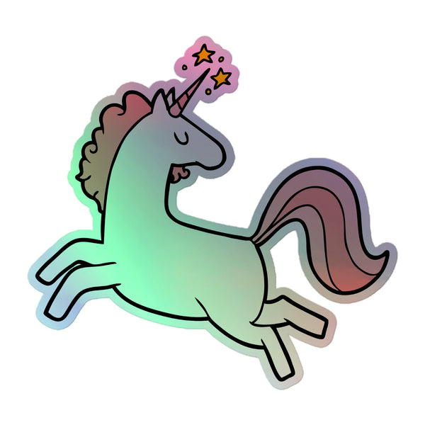 Whimsical Unicorn Holographic Sticker: A prancing unicorn with a pastel gradient mane, golden stars drifting from its horn, reflecting vibrant queer pride and self-expression in a durable, eye-catching vinyl decal.