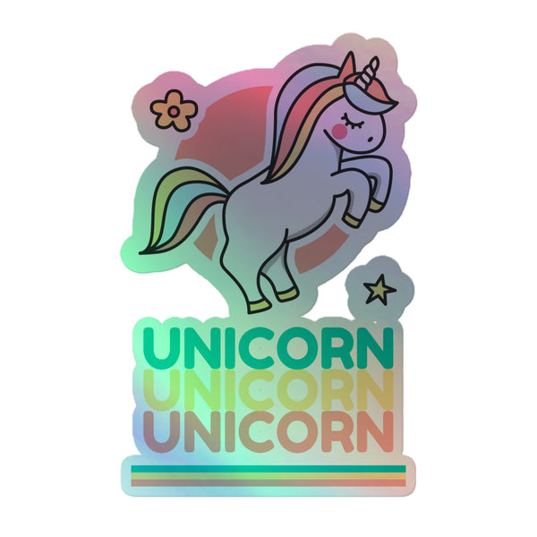 Unicorn Unicorn Unicorn Holographic Stickers feature a pastel-colored unicorn with a rainbow mane, prancing joyfully amid stars and flowers. Celebrate queer pride with these vibrant, durable vinyl decals.
