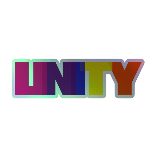 Unity Holographic Stickers display 'UNITY' in bold, block letters with a vibrant rainbow gradient, embodying queer pride and self-expression. Perfect for indoor surfaces, these durable vinyl stickers celebrate diversity and empowerment.