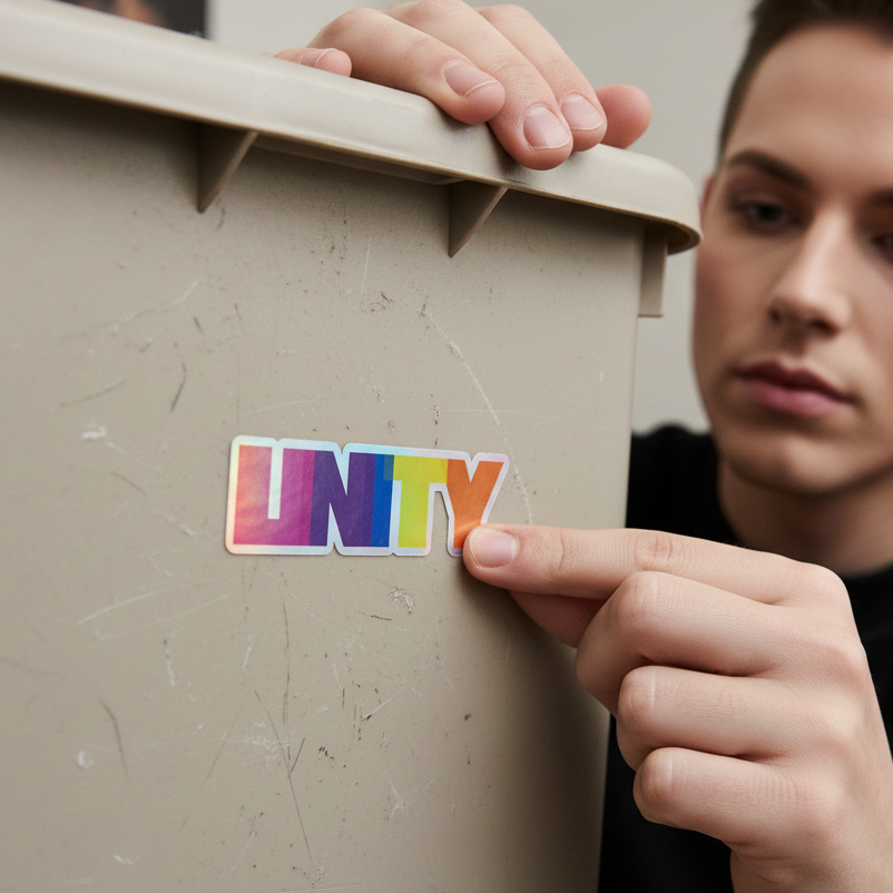 Unity Holographic Sticker with bold rainbow gradient “UNITY” text gets pressed onto a scratched beige bin by a focused person.