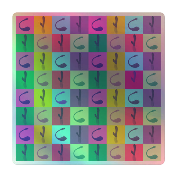 Vibrant Vibrator Pop Art Holographic Stickers featuring alternating silhouettes of sex toys in a colorful grid, exuding pride and self-expression. Durable vinyl celebrates queer identity with bold, joyful energy.
