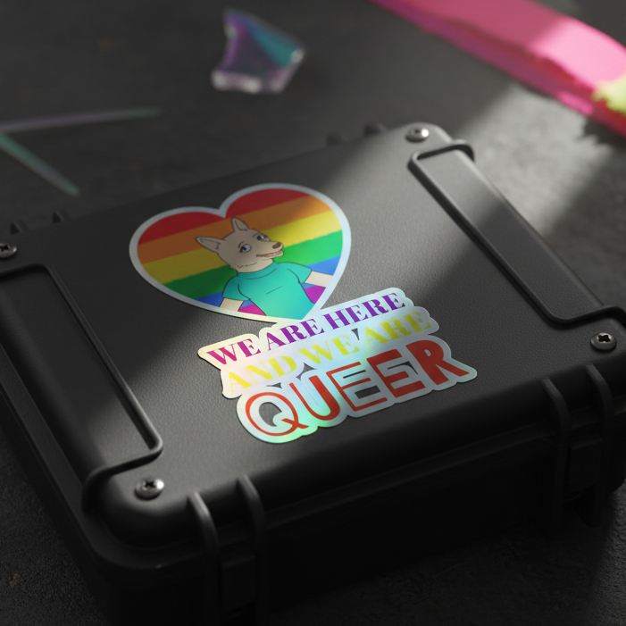 Black hard case with two holographic "We Are Here And We Are Queer" stickers: a wolf in a rainbow heart, and bold text.