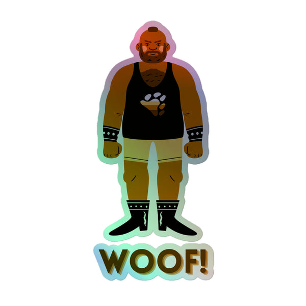 Cartoon-style Woof! Gay Bear Holographic Stickers depict a burly man in pride-themed attire, exuding vibrant queer energy with a shimmering holographic border. Perfect for celebrating LGBTQIA+ pride and self-expression.