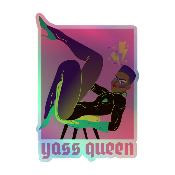 Yass Queen Holographic Stickers: Dark-skinned figure in black bodysuit, green gloves, and heels, reclines confidently with bold makeup and heart earring, surrounded by stars and lightning, embodying vibrant queer pride.