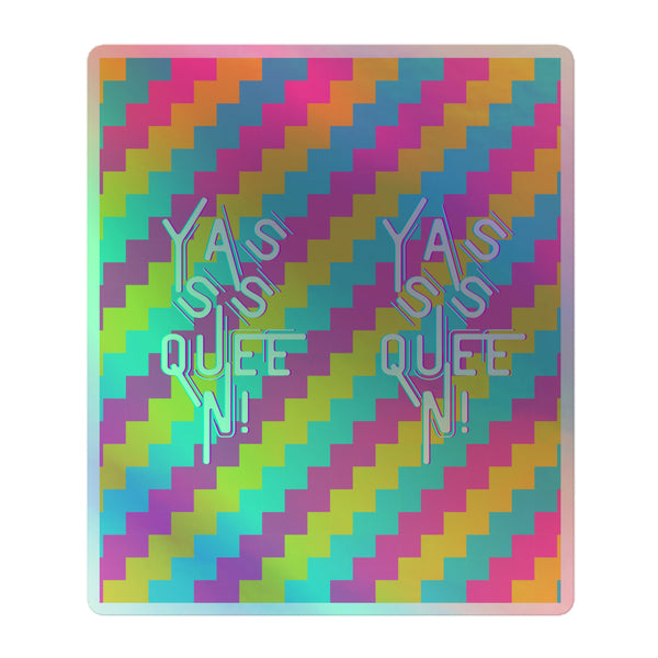 Colorful 'YASSS QUEEN!' holographic stickers with rainbow hues, crafted from durable vinyl. Celebrate queer pride and self-expression with these vibrant decals, perfect for adding a bold statement to any surface.