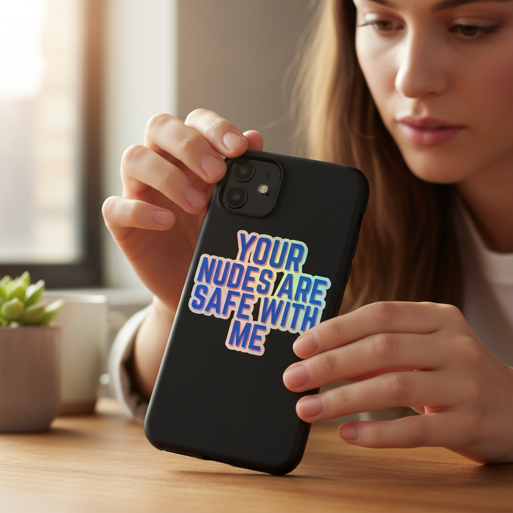 Black smartphone featuring a “Your Nudes Are Safe With Me Holographic Sticker” held by a woman at a sunlit table near a plant.