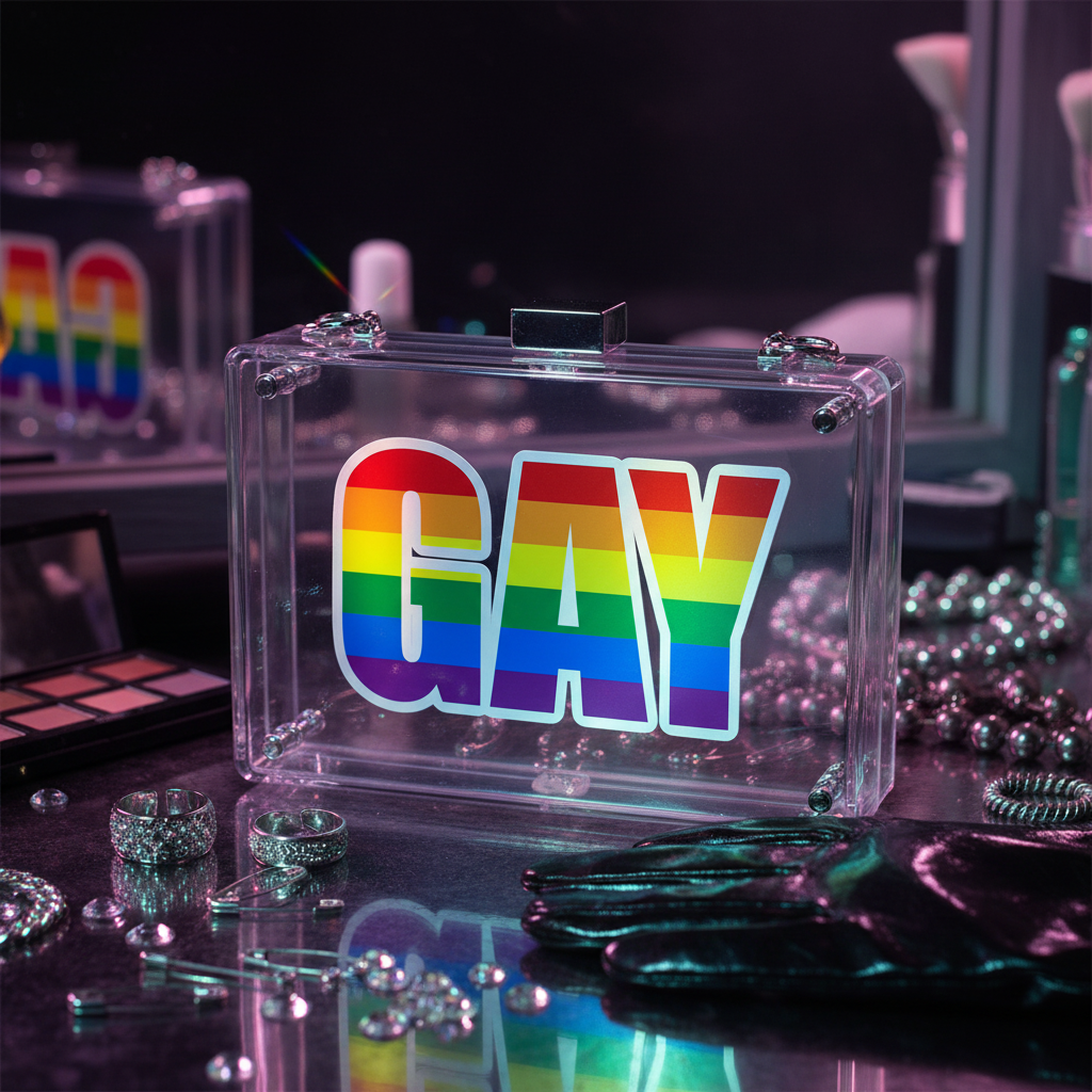 A clear box with "GAY" in bold rainbow-striped letters sits on a vanity beside Gay Holographic Stickers, glittery jewelry, makeup, a black glove, and a mirror in soft lighting for queer glam vibes.