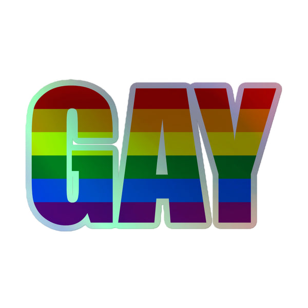 Gay Holographic Stickers feature bold GAY lettering filled with vibrant rainbow stripes, symbolizing LGBTQ+ pride. Crafted from high-quality vinyl, they celebrate queer visibility and self-expression with a captivating holographic shimmer.