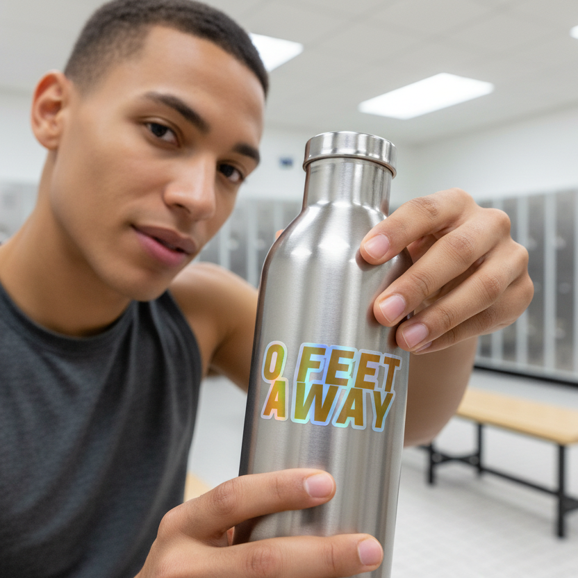 Stainless steel water bottle covered in "Zero Feet Away Grindr" holographic stickers, held by a guy in a sleeveless shirt at the gym.