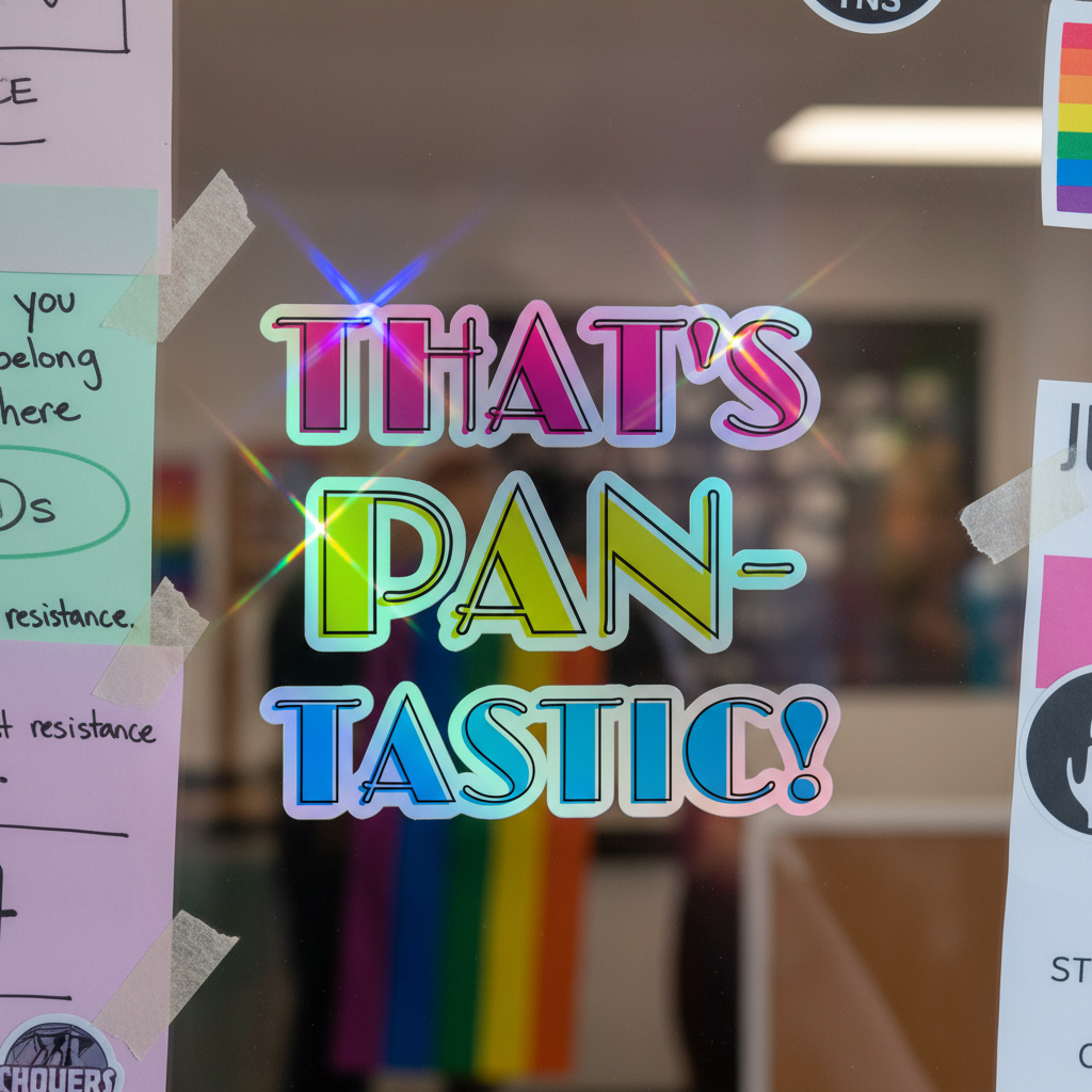 Queer decal set on a glass door with “THAT’S PAN-TASTIC!” in rainbow, holographic stickers, pan and trans pride flags.