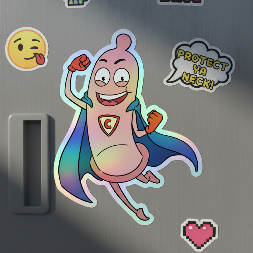 Super Condom holographic sticker set with a grinning condom hero in a blue cape, “C” chest emblem, an emoji, “PROTECT YA NECK!” bubble, and pink pixel heart.