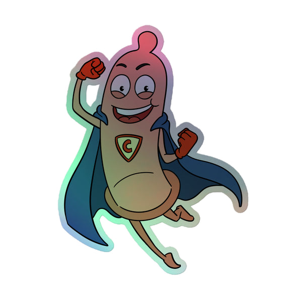 Super Condom Holographic Stickers feature a cartoon condom superhero with a blue cape and red gloves, embodying vibrant queer pride and empowerment through expressive design and durable, eye-catching holographic vinyl.