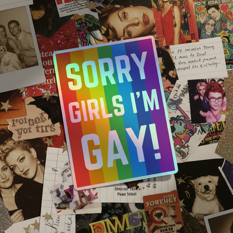 Sorry Girls I'm Gay! Holographic sticker with bold white lettering on a rainbow background, flaunting queer pride and LGBTQ+ joy.