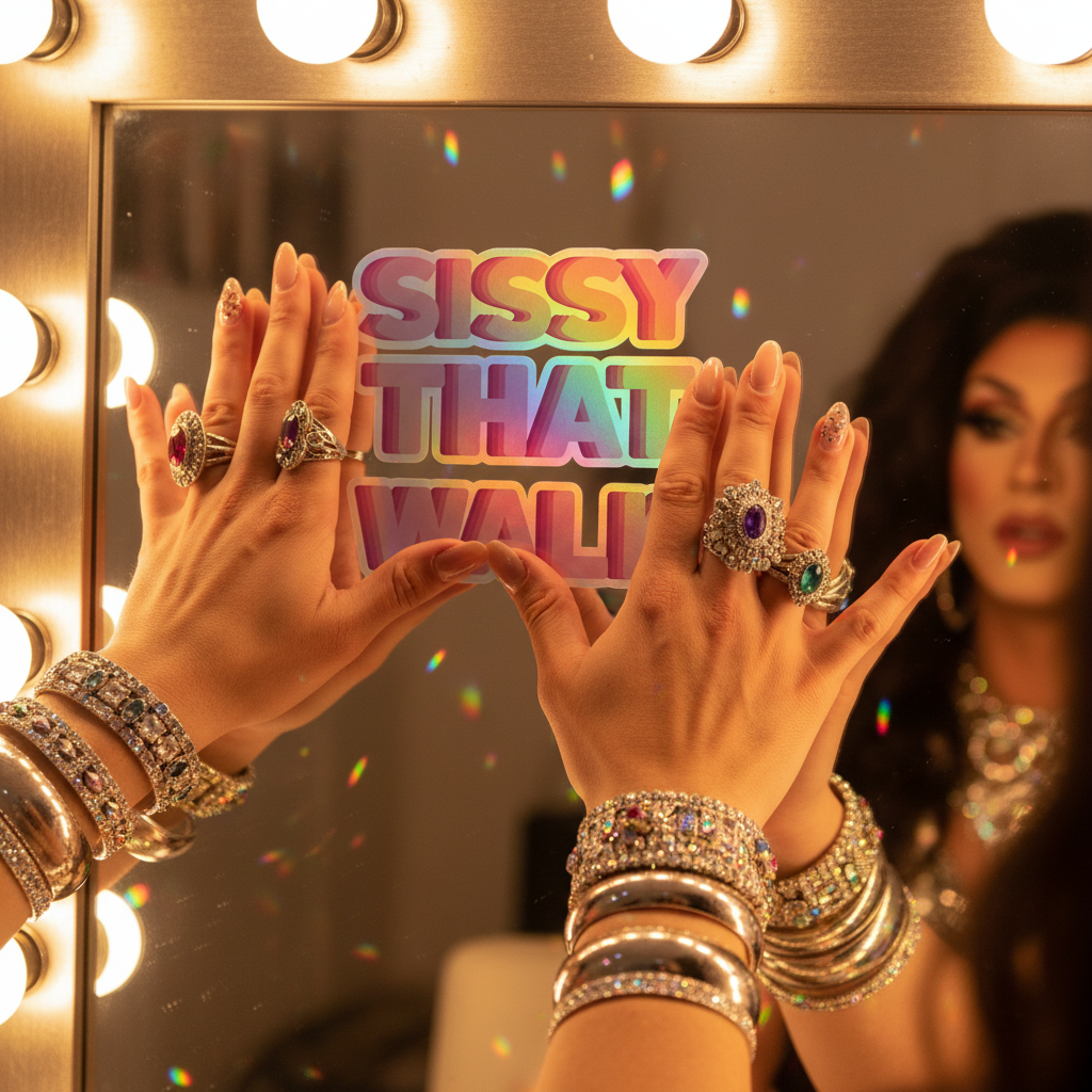 Sissy That Walk Holographic Stickers in rainbow shimmer shine on a mirror touched by someone with sparkly jewelry; “SISSY THAT WALK” pops boldly, reflecting queer glam and confidence.
